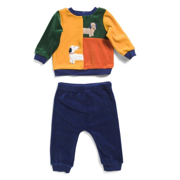 LITTLE ME Blue Newborn Boys 2pc Velour Dachshund Sweater And Joggers Set - Picture 1 of 2